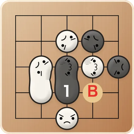 黒1とAに逃げても、空きはBの1つだけ。白にBに打たれると取られます。